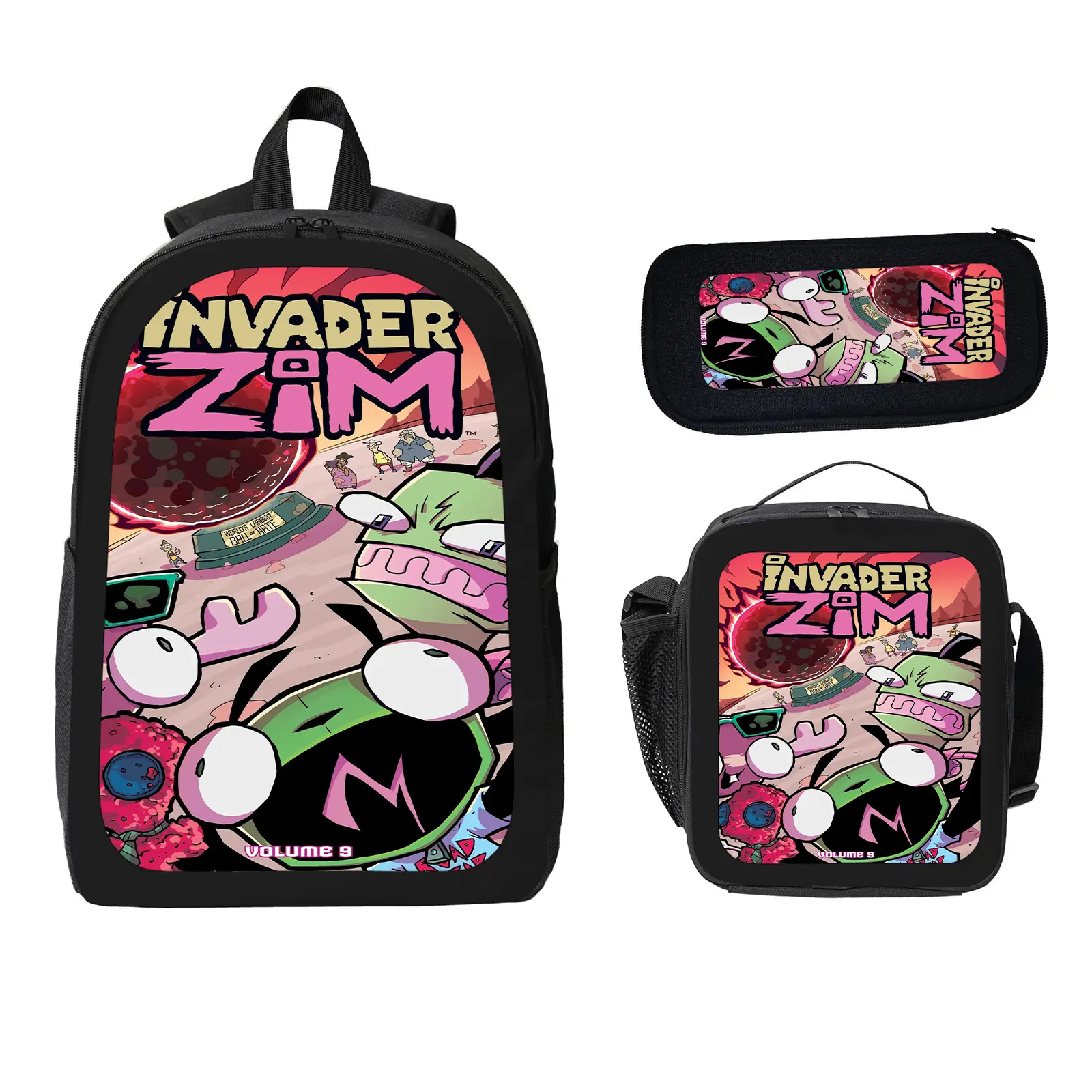 Unisex Invader Zim 3-Pcs Kids' School Backpack Set Pack, Large Capacity Water-Resistant Bookbag with Insulated Lunch Bag & Pencil Case, Travel Daypack for Elementary-Middle School e-38