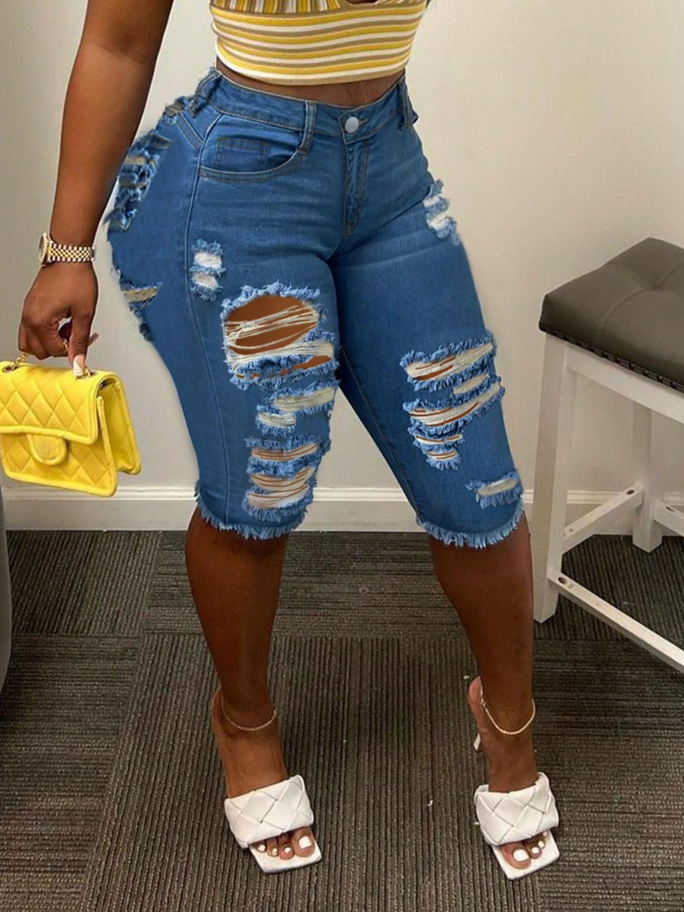 Women's Ripped Button Fly Denim Shorts, Casual Comfy Skinny Shorts for Daily Wear, Ladies Bottoms for Summer, Womenswear