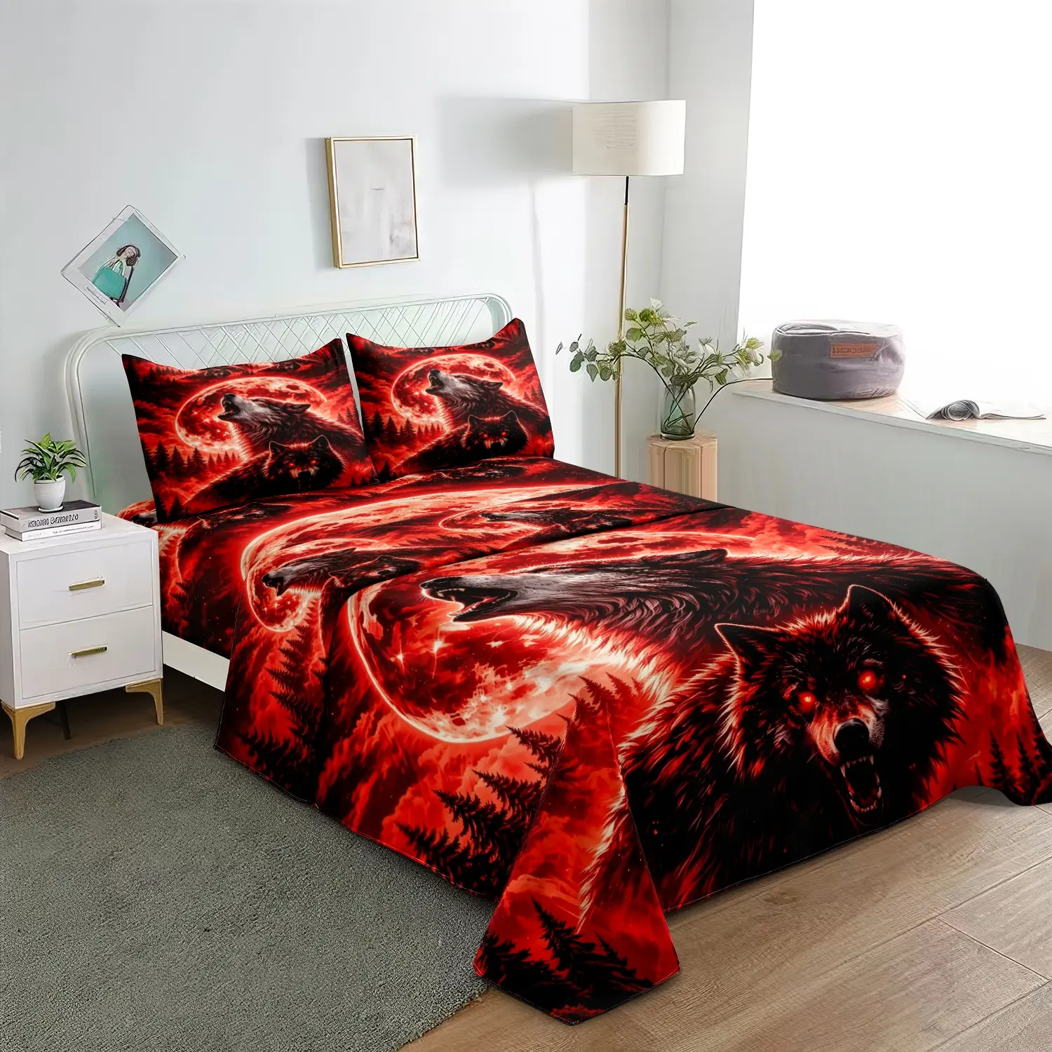 4Pcs Dark Blood Moon Wolf Bedding Set, Howling Wolves in Wilderness Forest Full Print, Wild Edgy Aesthetic Bedroom Bed Linen (1 Flat Sheet+1 Fitted Sheet+2 Pillowcases) Machine Washable