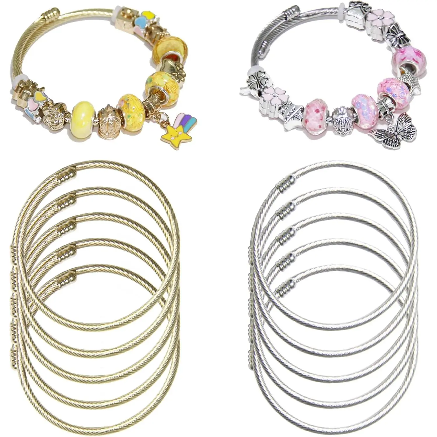 10 count Elastic charm Bracelet chain Stainless Steel  Wire Twisted Cuff Bangle Bracelet  And Sliver charm Bracelets Kit for Crafts DIY Women  Making