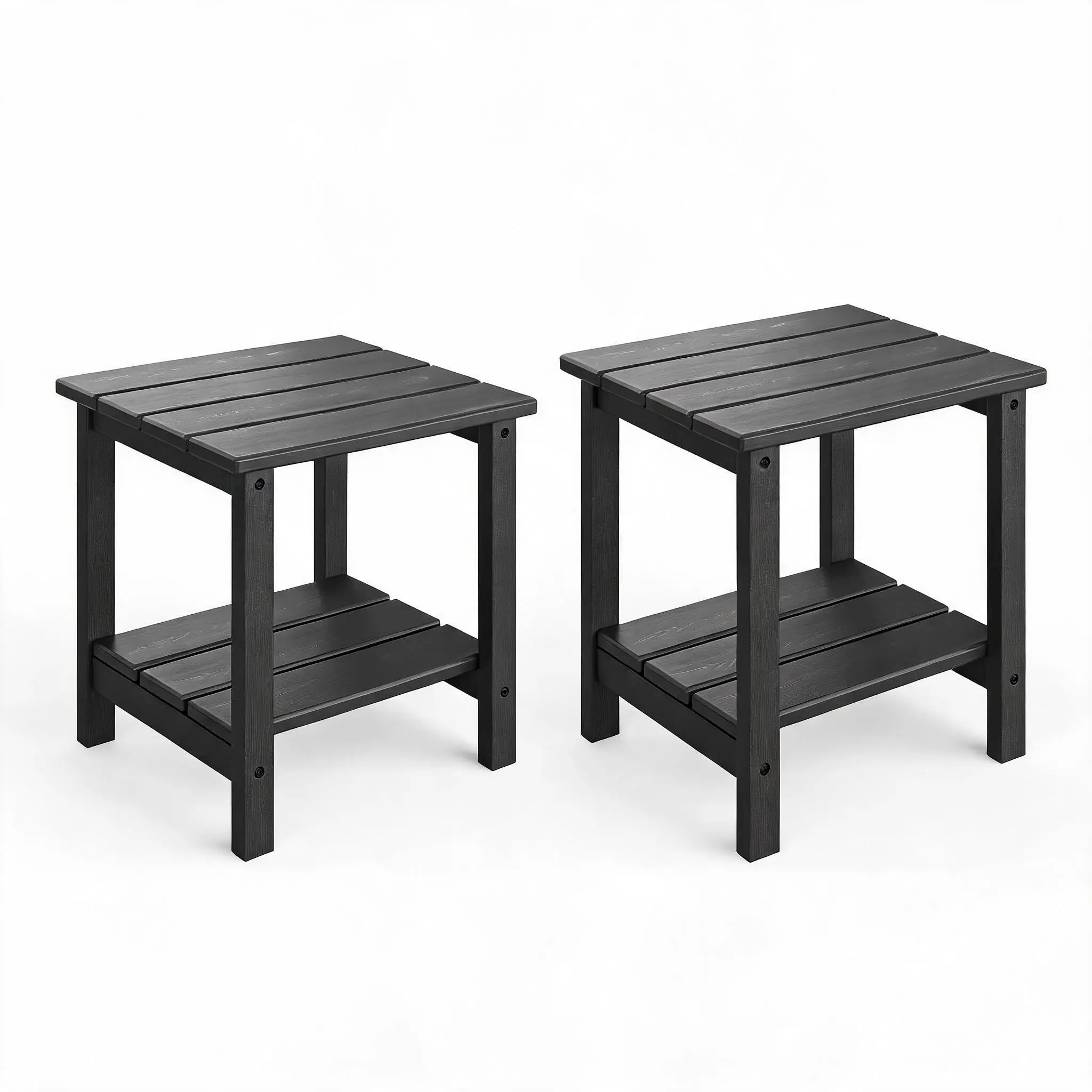 2-Tier HDPE Outdoor Side Table, 18 Inch Weatherproof End Table for Adirondack Chairs, All-Weather Resin Patio Table with Lower Shelf, UV Resistant & Rust Proof, No Maintenance Needed, for Deck Porch Poolside Garden, White/Black/Tan