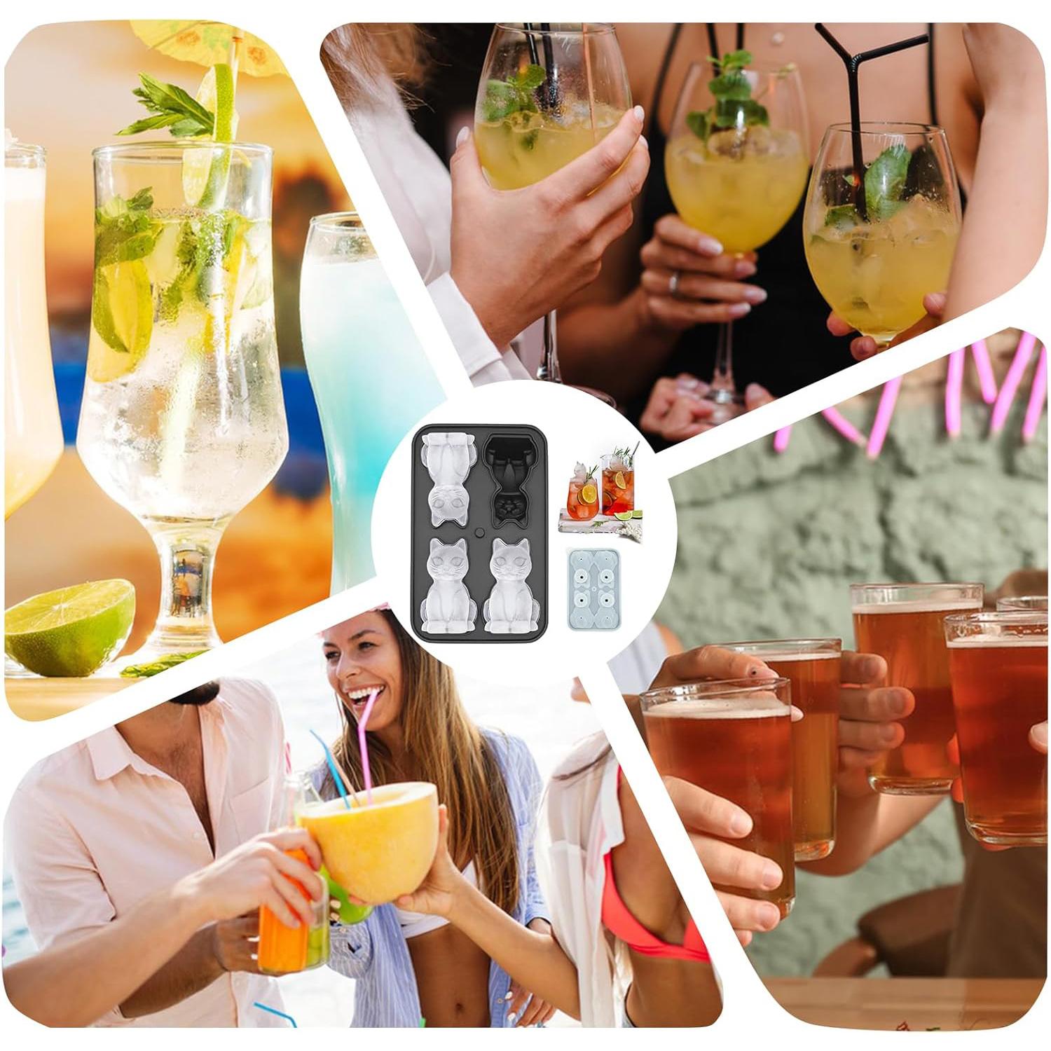 3D Cat Shaped Ice Cube Mold, 4 Hole Large Fun Shape Ice Cube Tray, Ice Molds for Cocktails, Bourbon, Brandy, Cocktail Whiskey Bourbon, Funny Cat Gifts for Cat Lovers