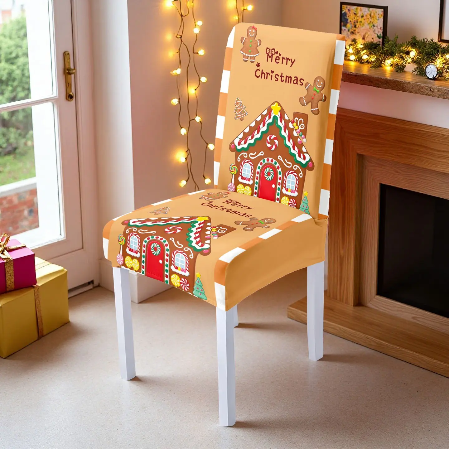 Christmas chair cover, gingerbread house gingerbread man pattern printed dining chair cover, non-slip and washable elastic chair cover, 1/4/6 pieces, suitable for use in restaurants, living rooms, hotels, and for Christmas party decoration