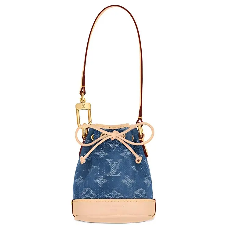 Louis Vuitton Noe Nano Bucket Bag for Women – Monogram Drawstring Closure, Denim and Leather, Beige and Blue