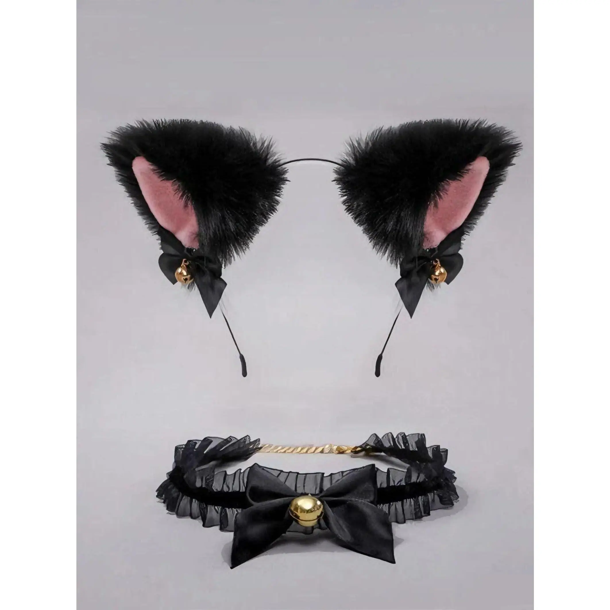 Cute Cat Ear Headband Set with Bow Bell Necklace, Kawaii Cosplay Costume Accessories for Women & Girls, Anime Style Party Headwear for Halloween, Festival, Photo Shoot, Theme Parties and Dress Up Events