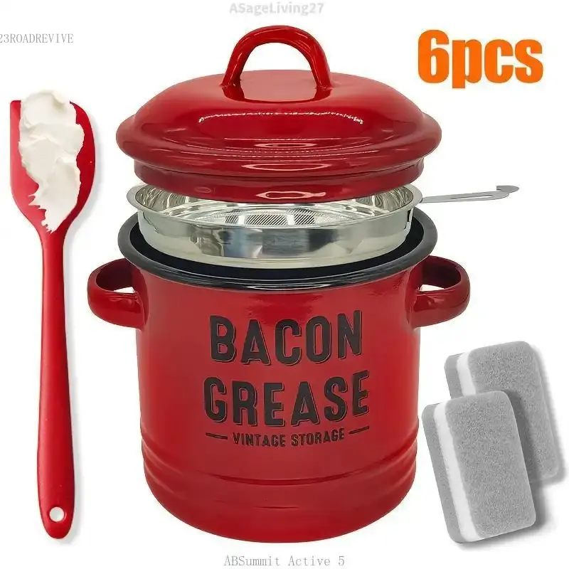 Bacon Grease Container with Strainer & Food-Grade Silicone Spatula, 46oz Large Enamel Rustic Farmhouse Fat Container, Keeper, Dishwasher Safe,Dishwasher Safe Filter Kitchen Utensils fine mesh strainerASageLiving27ABSummit Active23ROADREVIVE