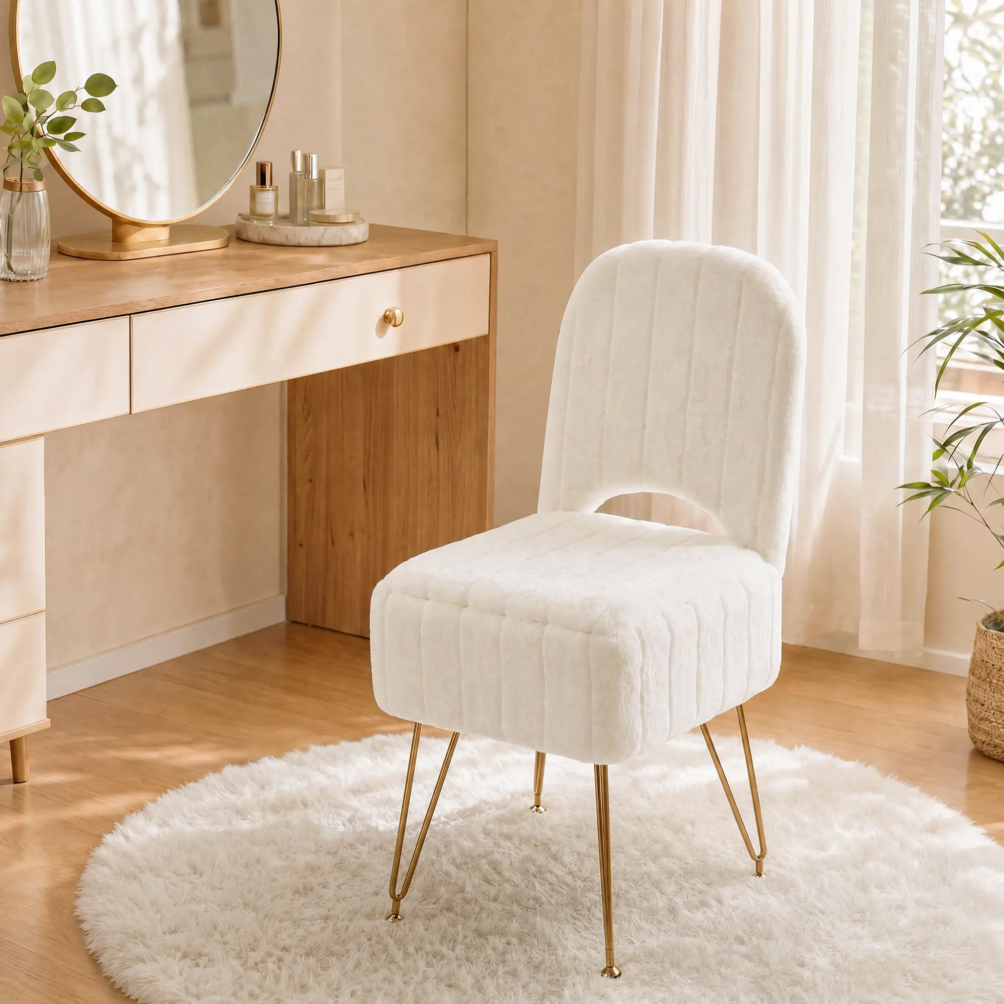 Garvee Teddy  Vanity Chair - Multifunctional Storage Ottoman Stool with Folding Back, Upholstered Design, 4 Metal Anti-Slip Legs for Bedroom, Living Room，Makeup Chair for Bedroom or Living Room - 280 lbs Capacity
