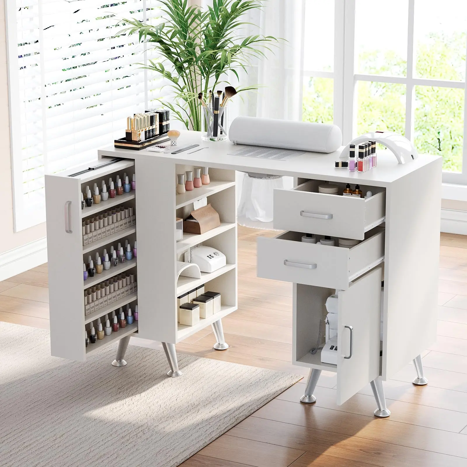 Professional Manicure Table with Built in Electric Dust Collector and Storage Drawers for Nail Tech Salon Beauty Station with Wrist Rest