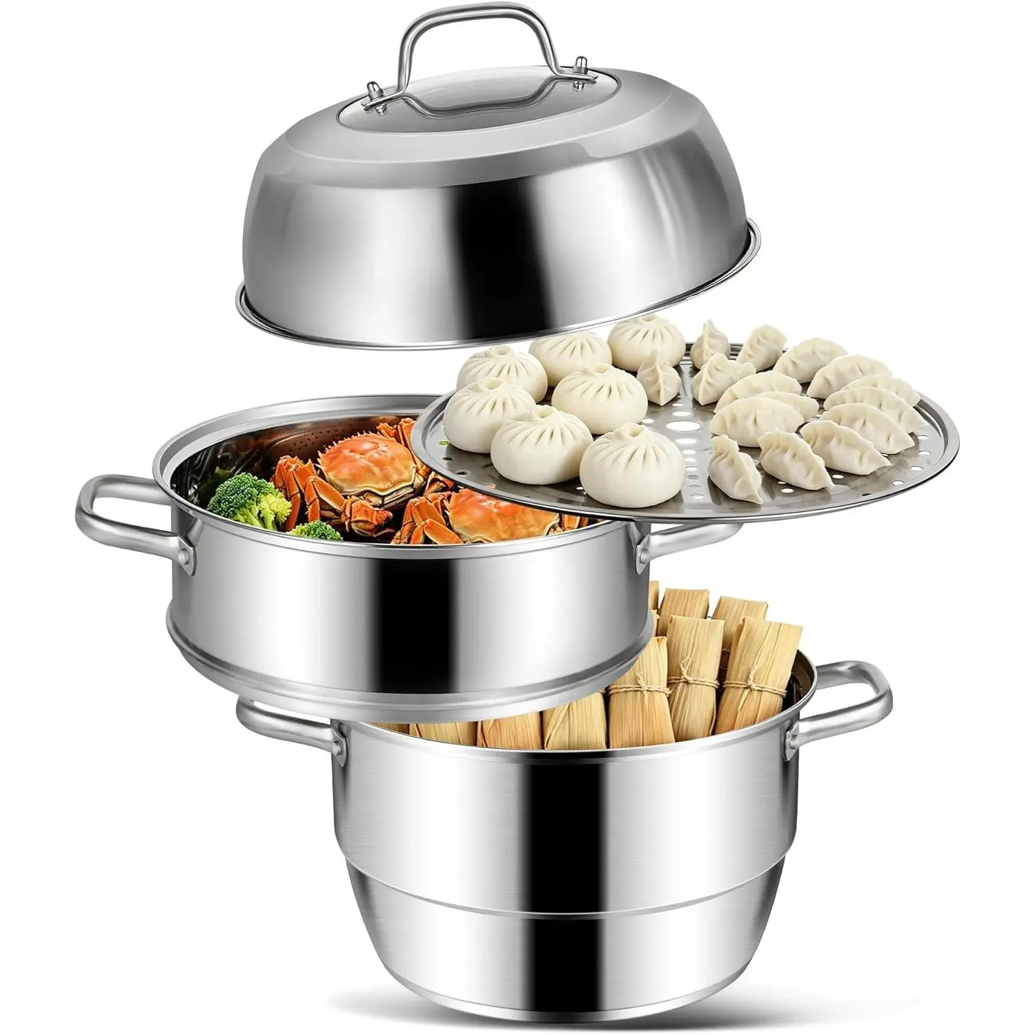 3 Tier Induction Steamer Pot for Cooking, 12.7 Inch(32cm), 12.2 Qt | Stainless Steel Steamer for Cooking Tamales, Large Steam Pot for Dumplings and Vegetables