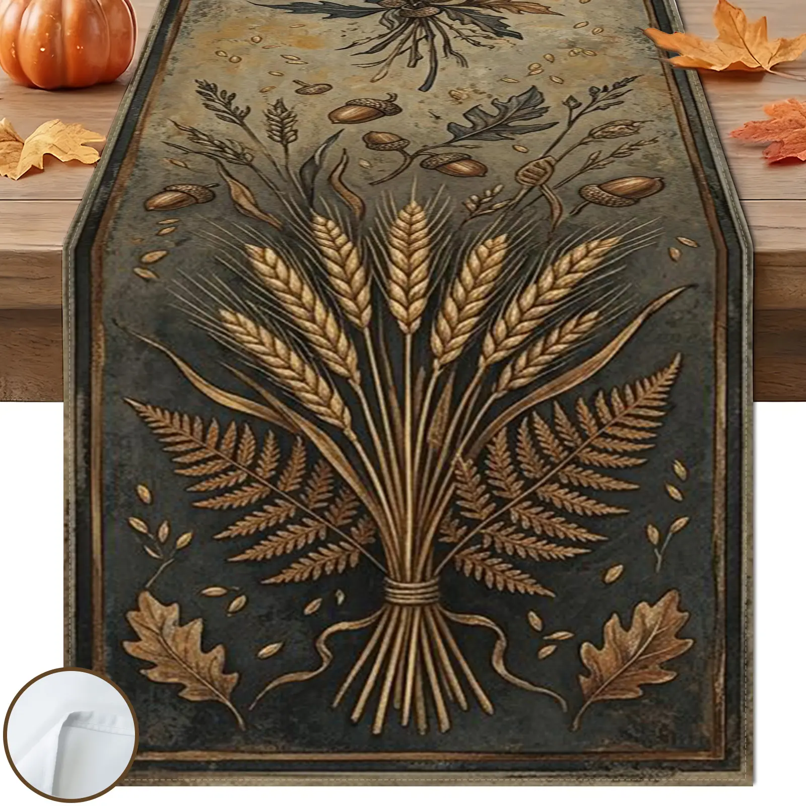 1pc Dark Gold Wheat Autumnal Vintage Table Runner, Elegant Retro Style, Dark Teal Background Golden Wheat Fern Acorn Pattern, for Fall Premium Decorative Table Decor.