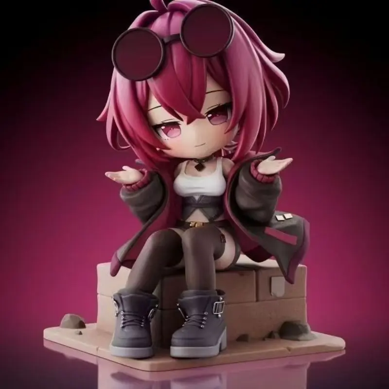 Kawaii Red-Haired Chibi Anime Girl Nendoroid Action Figure, 10cm PVC Statue Adult Collectible, Brown Goggles, Open Palm Hands, Square Block Base, White Crop Tank, Oversized Brown Coat, Black Thigh-High Stockings, Gray Lace-Up Boots, Cool Street Style, Kaw