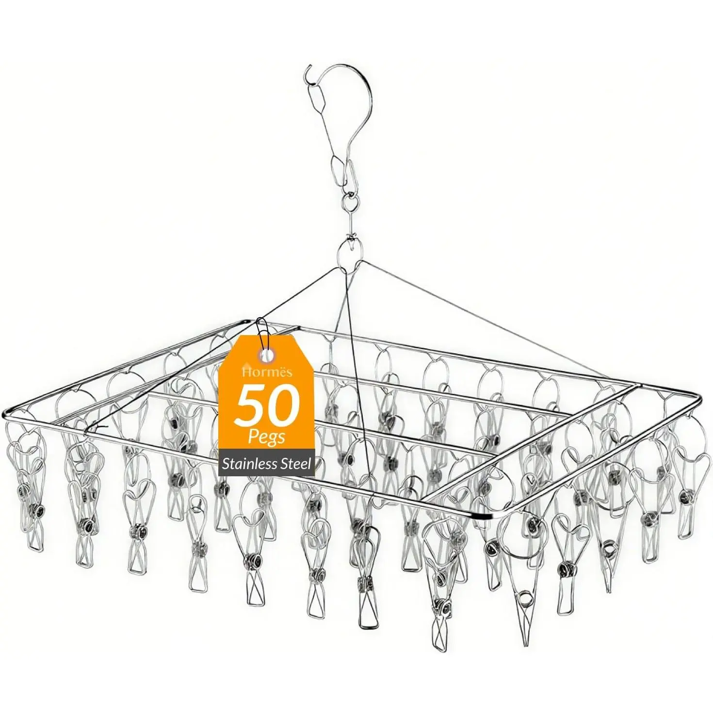 SURUIHK Stainless Steel Hanger Space Saver Drying Rack with 50 Pegs - Windproof Hook, Freestanding, Large Size for Socks, Bras, Lingerie, Towels, Scarves - Indoor/Outdoor Laundry Tool Accessory