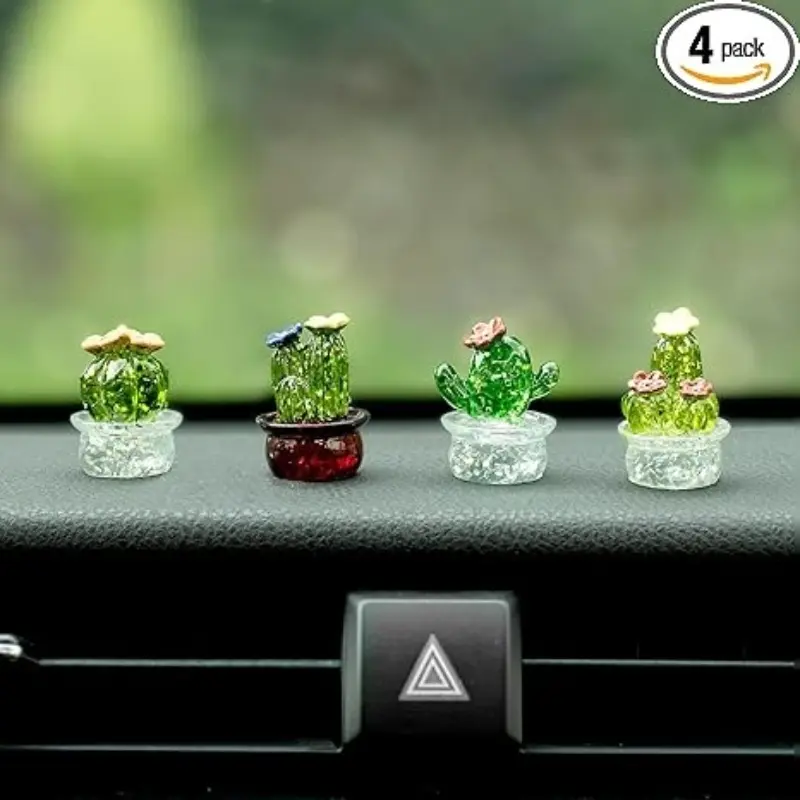 4PCS Handmade Mini Resin Cactus Cute Miniature Cacti Figurines Home Office Desk Tabletop Simulation Plants Decorations Car Interior Dashboard Ornaments Car Accessories Cute