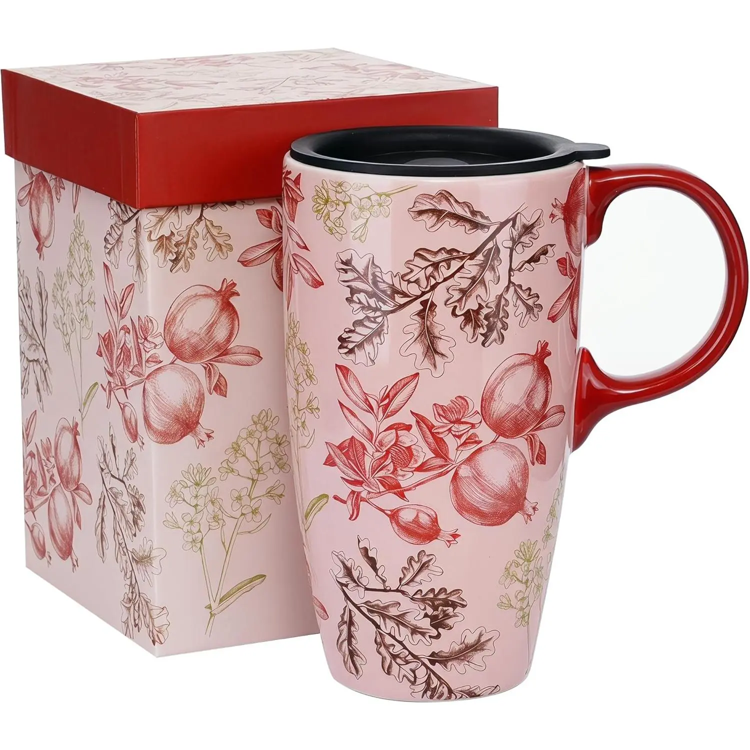 17oz Ceramic Travel Mug with Lid, Pomegranate & Oak Leaf Art | Microwave & Dishwasher Safe, Large Coffee Cup with  Box for  Latte Hot , Ideal for  Office & Gifting