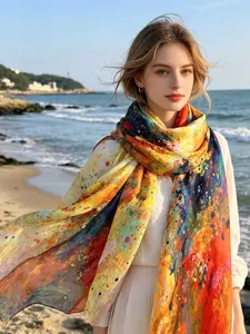 High-Quality 100% Viscose Geometric Print Scarf, Elegant Long Wrap Shawl, All-Season Warm Fashion Accessory, Ethnic Style Headscarf