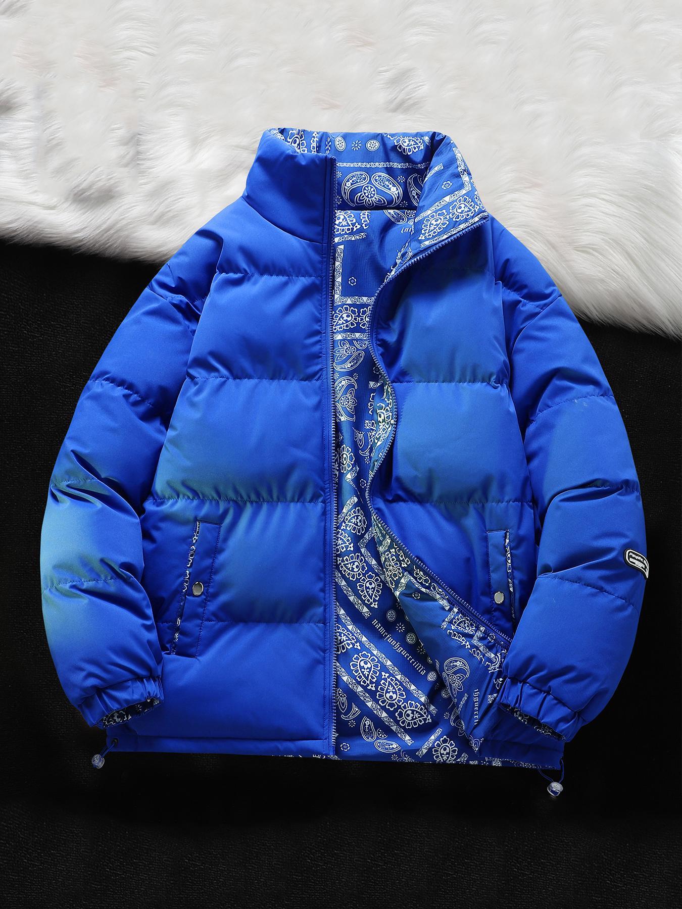 Men's Plain/Paisley Print Reversible Letter Patched Pocket Zipper Coat, Loose Casual Long Sleeve Stand Collar Drawstring Outerwear for Winter, Men's Clothes for Daily Wear