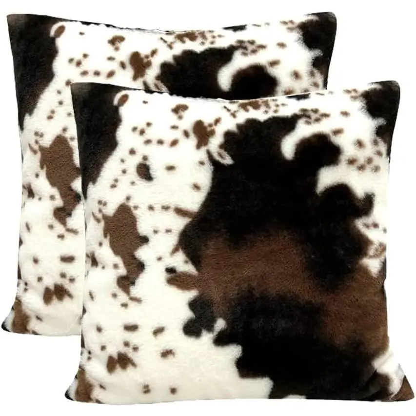 Faux Fur Cowhide Animal Print Pillow Covers, 18x18 2-Piece Set, Double-Sided Printing, Soft Cozy Furry Covers for Living Room Sofa, Bedroom Bed, Chair, Outdoor Use, Two Piece Set