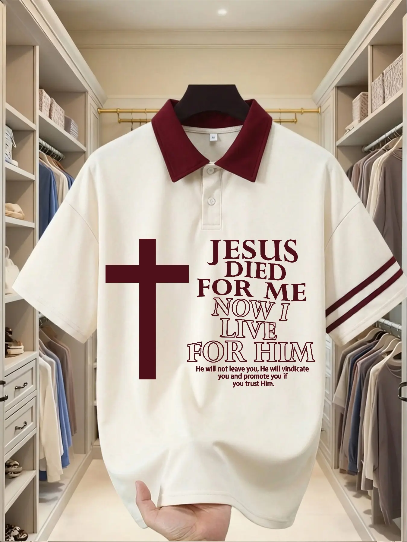Fgfs Cross Jesus Died for Me Letter Print Polo Shirt Top, Unisex 6 Colors, Loose Fit, Breathable, Casual Streetwear for Men Women