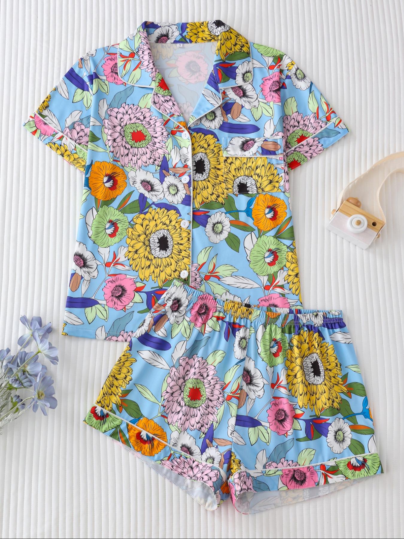 Women's Floral Print Lapel Neck Button Front Shirt & Elastic Waist Shorts Pyjama Two-piece Set, Casual Comfy Short Sleeve Pocket Top & Shorts Pj Set, Ladies Summer Sleepwear, Cute Pajama Sets Women, Pajamas, Button Closure Top