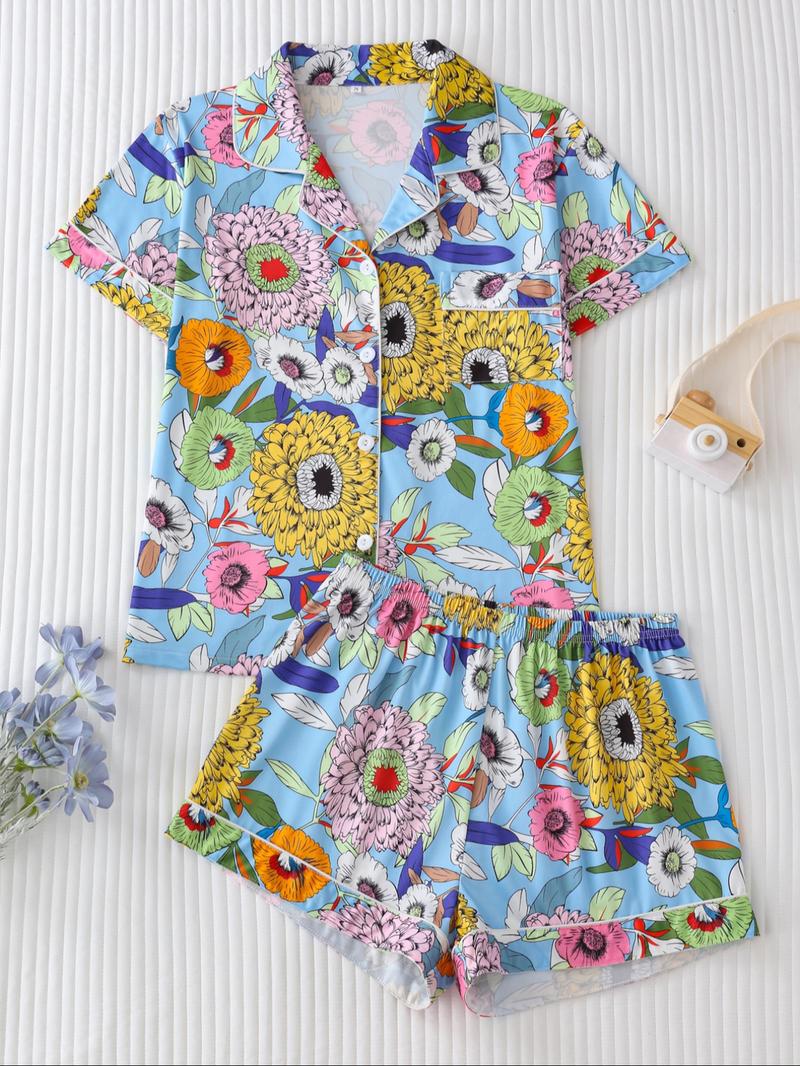 Women's Floral Print Lapel Neck Button Front Shirt & Elastic Waist Shorts Pyjama Two-piece Set, Casual Comfy Short Sleeve Pocket Top & Shorts Pj Set, Ladies Summer Sleepwear, Cute Pajama Sets Women, Pajamas, Button Closure Top