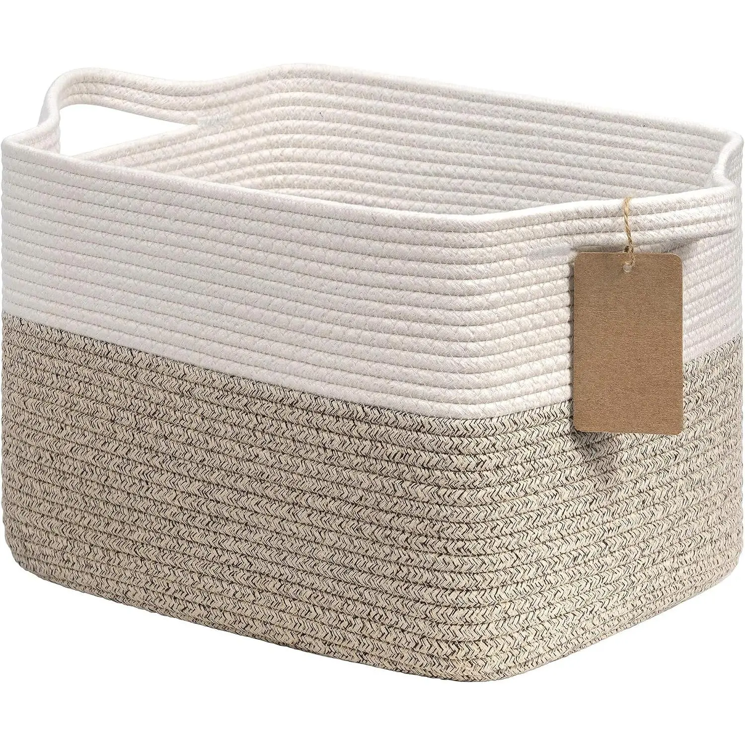 Woven Storage Basket, Cotton Rope Basket for Dog Toys, Books, Stylish Gift Basket with Handles, 13 x 10 x 9 Inches Square Baskets for Organizing, Brown and White