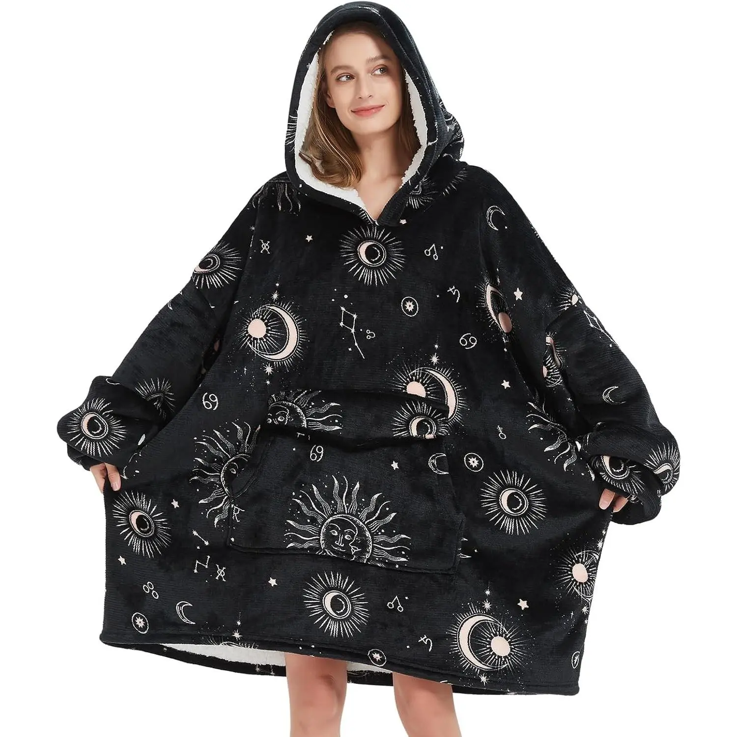 Sun and Moon Oversized Wearable Blanket Hoodie for Women and Men, Soft Warm Adult Blanket SweatshirtGift
