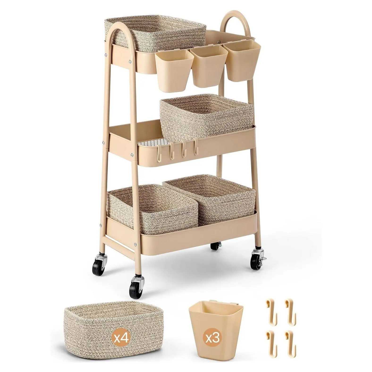 3-Tier Rolling Utility Cart with 4 Woven Baskets, Diaper Book Snack Storage Organizer, Metal Frame Trolley on Lockable Wheels for Nursery, Kitchen, Craft Room, Home SPA, Living Room, BrownGift