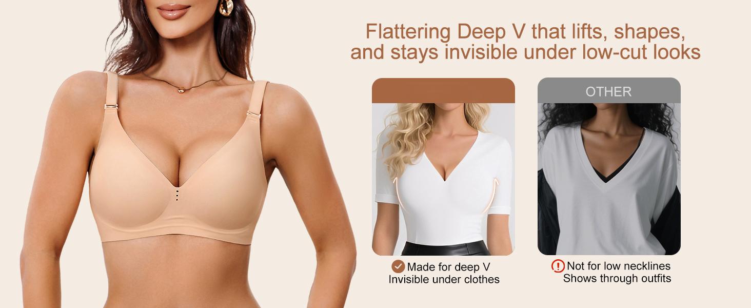 Wireless and Seamless Jelly Bra for Women - No Underwire Push Up Deep V Bras for Womens - Back Support Sports Bralette