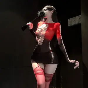 Sexy lingerie in European and American style, gradient hollow-out see-through tight mesh outfit, tearable and form-fitting uniform