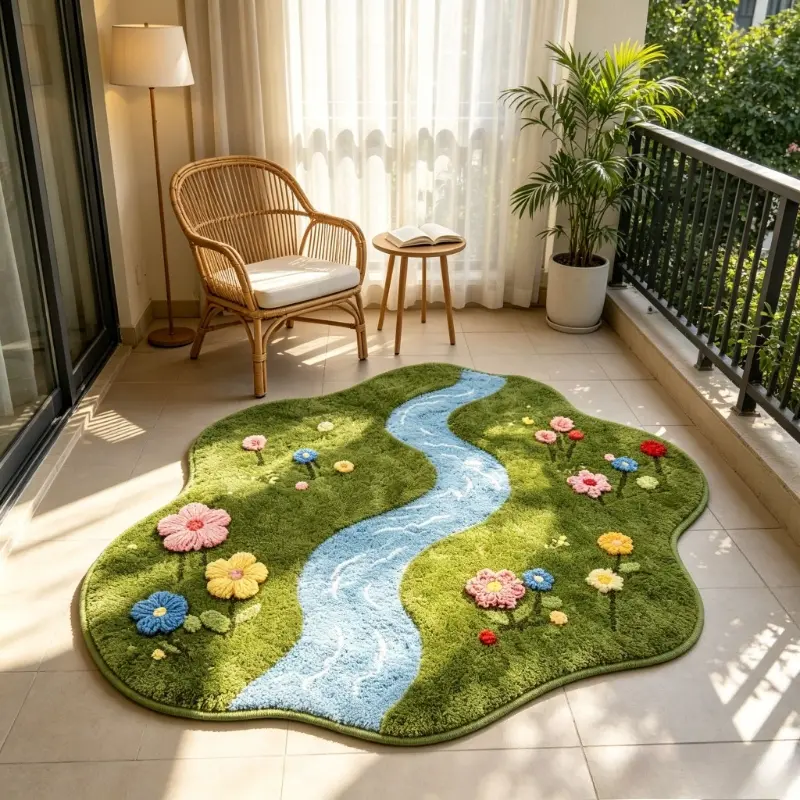1pc 2D Flat Healing River Living Room Flower Rug Forest Style Fresh Bedroom Decoration Bedside Carpet Irregular Shape Bay Window Plush Carpet Ins Style Fluffy Soft Balcony Washable Non-Slip Floor Mat