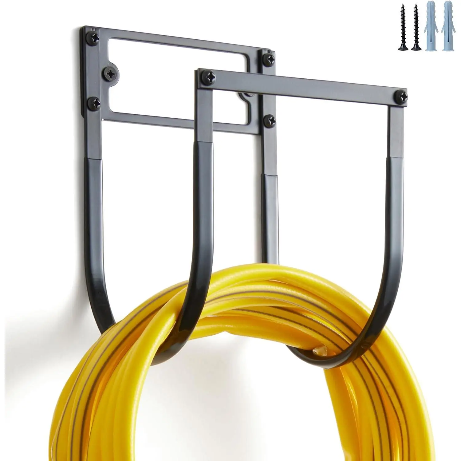 Heavy Duty Garden Hose Holder Wall Mount, Glossy Black Metal Hose Hanger, Rustproof Water Hose Storage Rack for Outdoor Yard, Indoor Garage, Patio, Holds up to 50 FT Hose