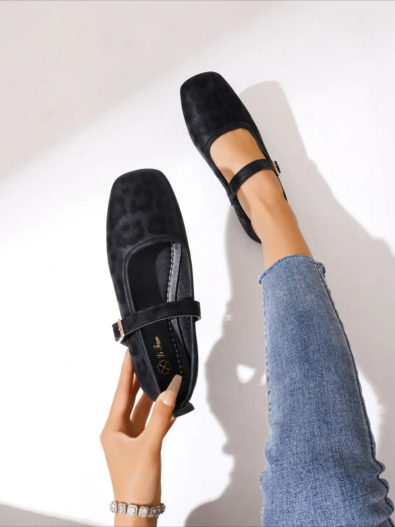 Square toe Mary Jane flat shoes with single strap dark printed soft velvet retro style fit daily commuting outfits