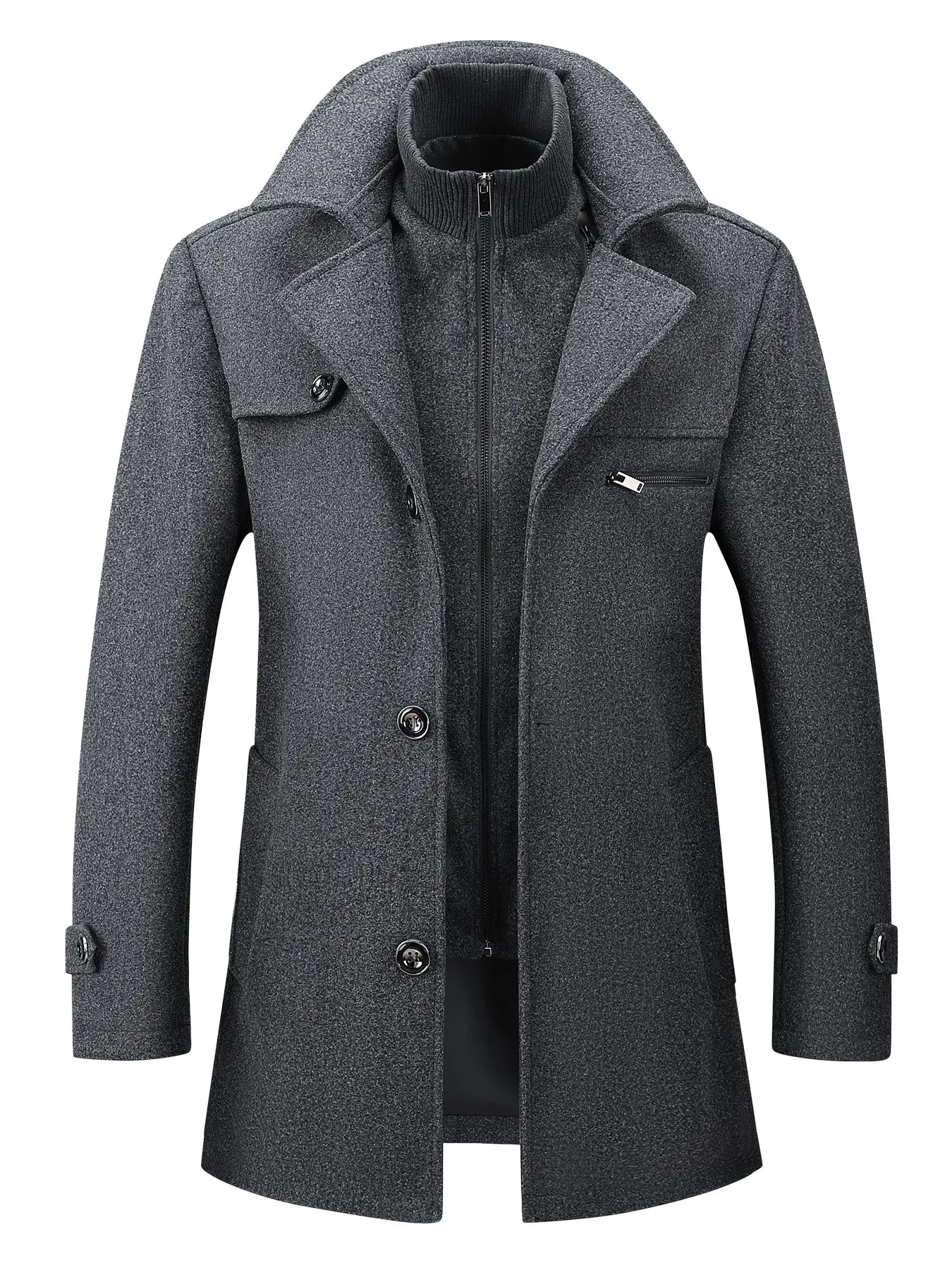 High end men's woolen coat, fake two-piece lapel 2-in-1 design coat, slim fit medium to long thick warm woolen coat, business formal coat with windbreaker, warm commuting formal coat, suitable for daily travel in cold winter, dating, office, street