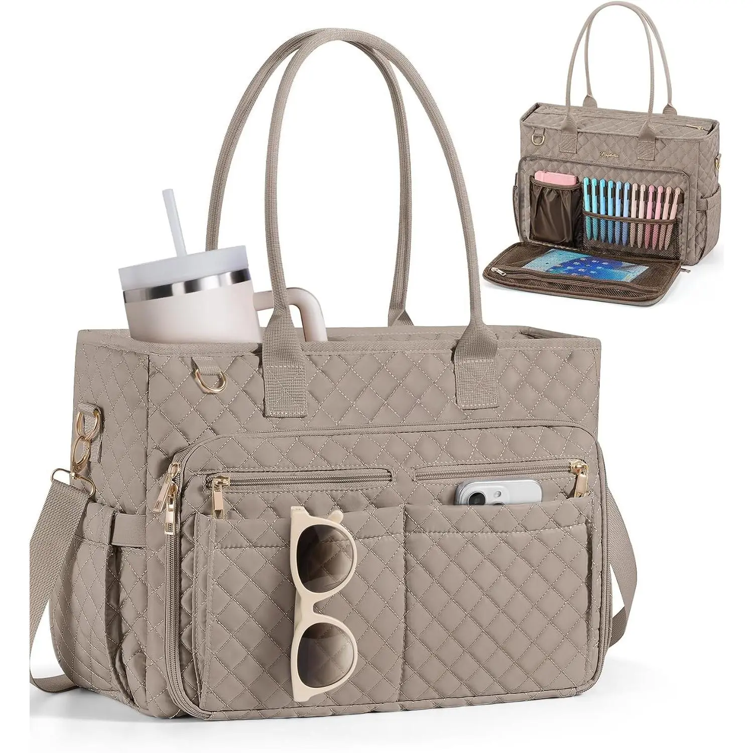 Teacher Tote Bag for Women, 15.6" Laptop Work Tote  Bag | Quilted  Nurse Bag with 40oz Cup Holder, Insulated Pocket & Strap, Large Laptop Briefcase for School Travel Office Gifts