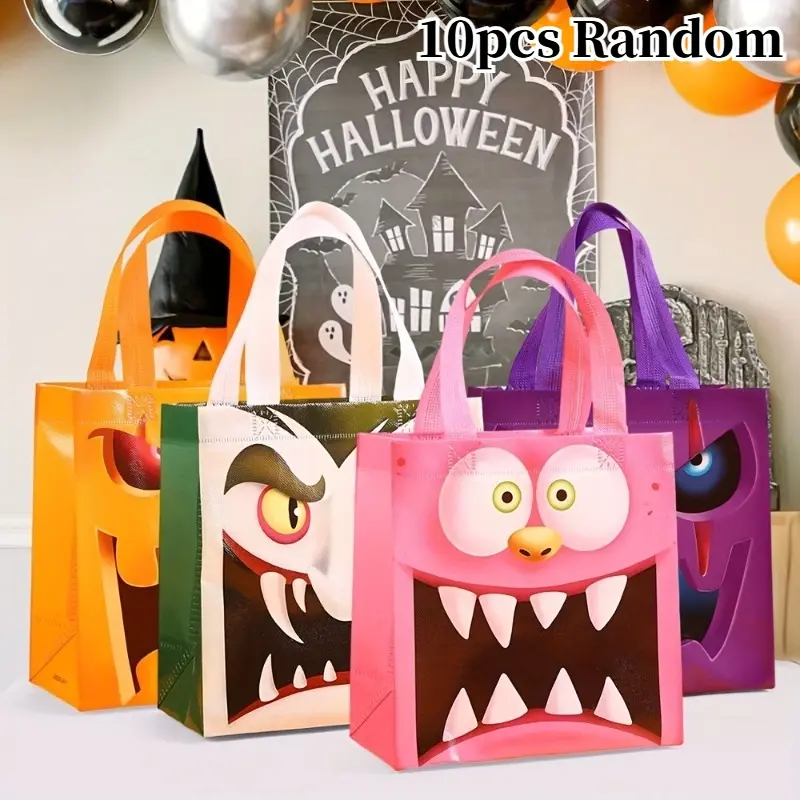 10pcs Halloween Non-Woven Tote Bags - Reusable Trick-or-Treat Candy Bags with Handles. Colorful Spooky Monster & Pumpkin Face Designs for Party Favors, Gift Wrapping & Holiday Supplies. Great for Families, Party Hosts, Students & Classrooms.