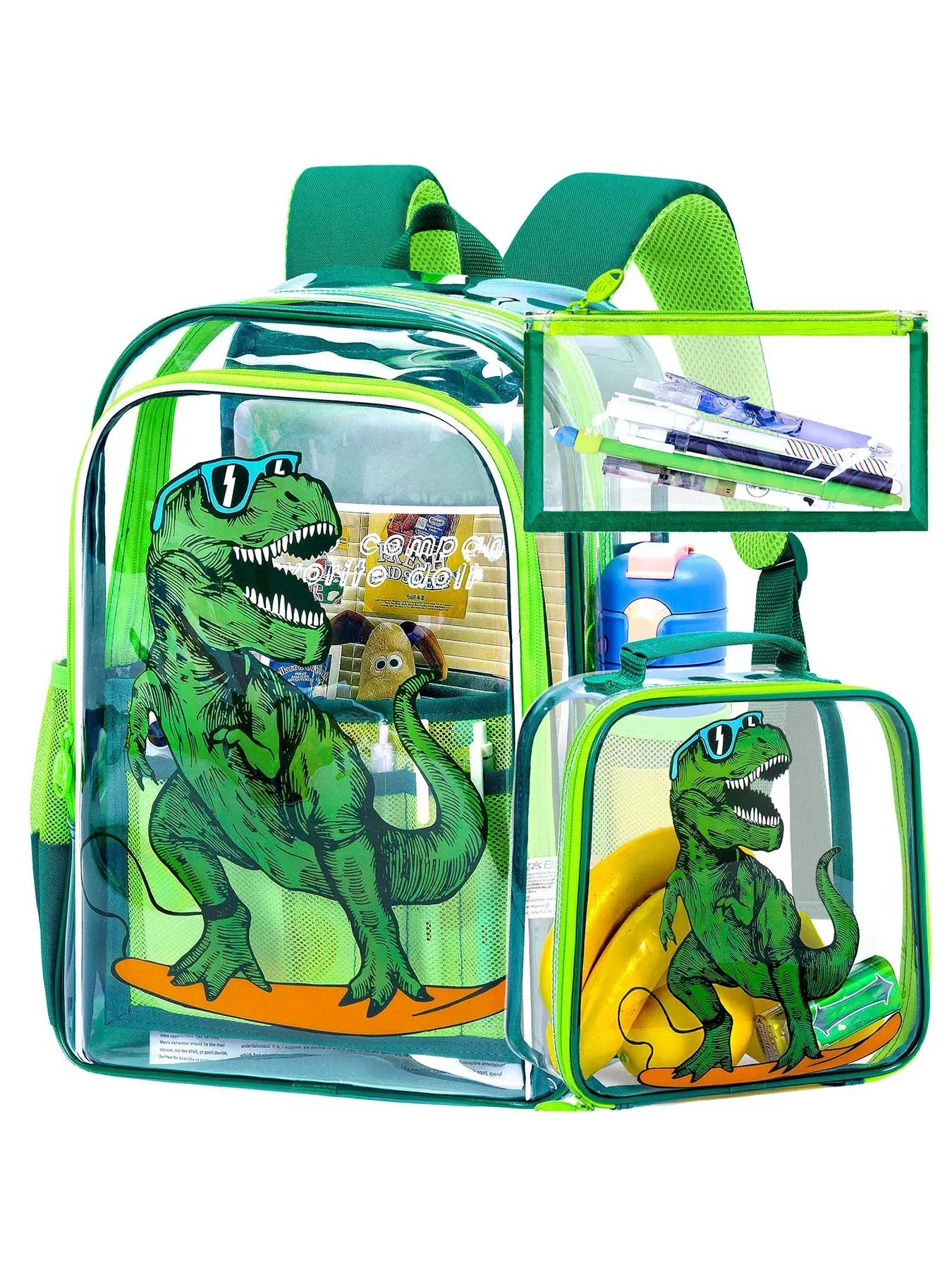 3-piece transparent boys' backpack, 16-inch dinosaur transparent schoolbag, durable transparent backpack with lunch bag - Green dinosaur