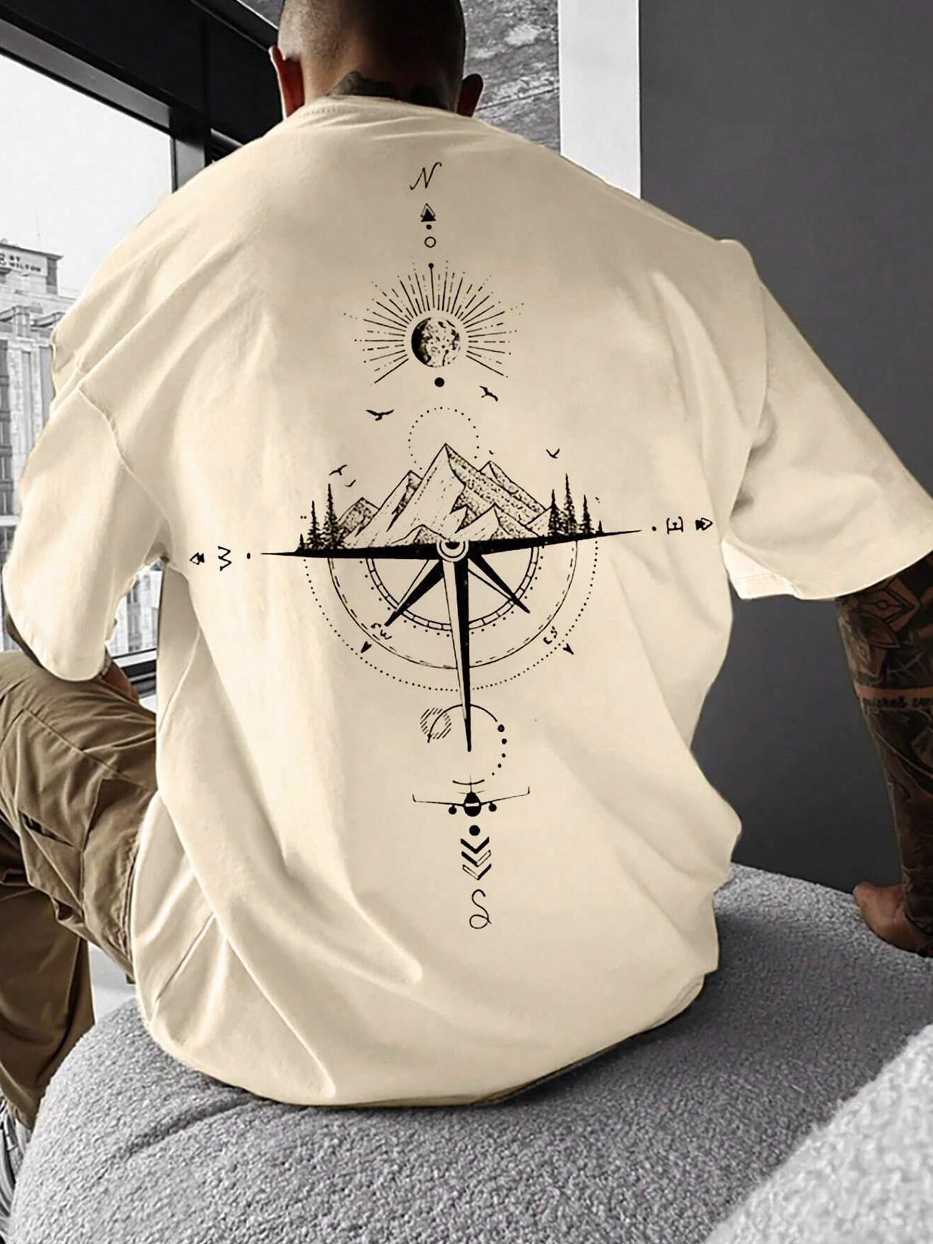 Men's Mountain-Print Round-Neck Tee, Regular-Fit Casual Short-Sleeve T-Shirt for Summer Outdoor Activities and Sports, Casual Sportswear, Casual Sports Top