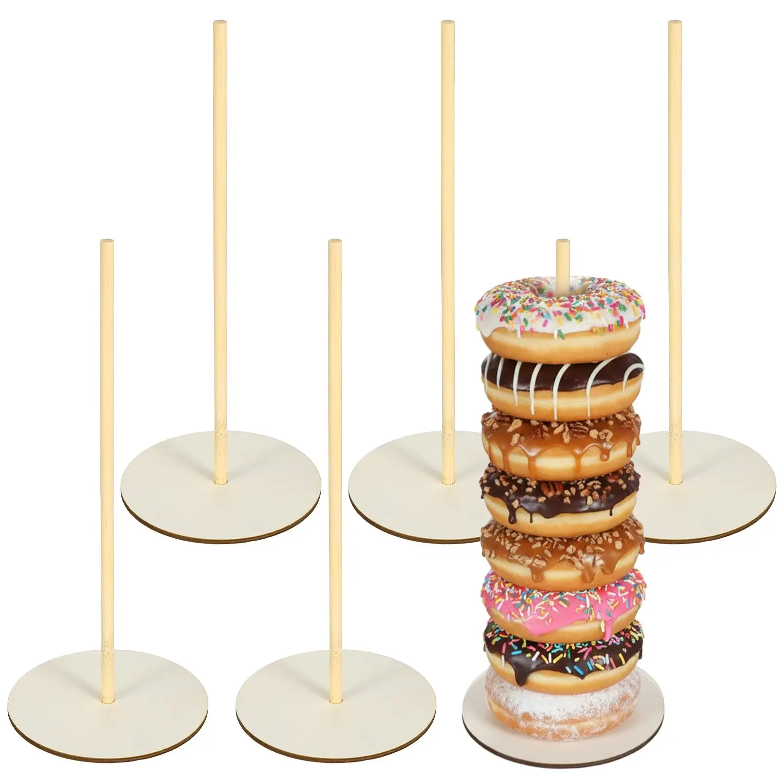 6 Piece Donut Display Stand Set, 11.6 Inch Natural Style, Wooden Round Base, Durable, Ideal for Parties, Sweet Treats Showcase, Party Dessert Stand