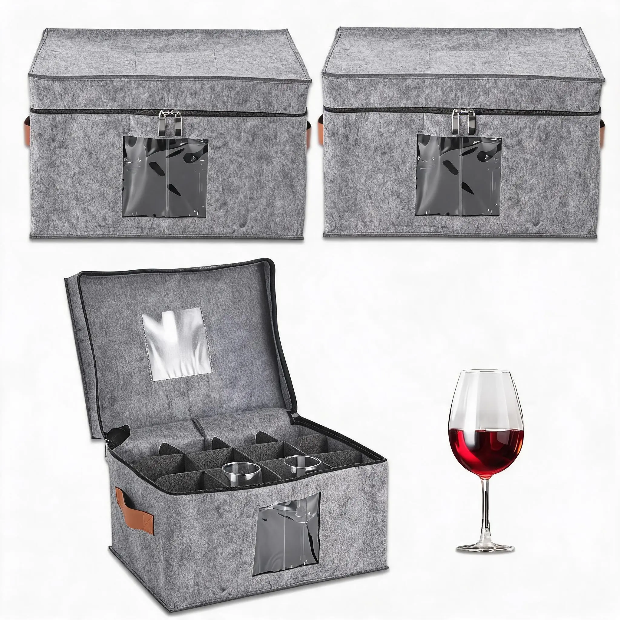 Stemware Storage Box Set - Large Felt Organizer with Dividers for Wine Glasses, Champagne Flutes, Crystal Cups - Stackable, Dustproof with Lids & Handles - Kitchen Flatware Storage Solution