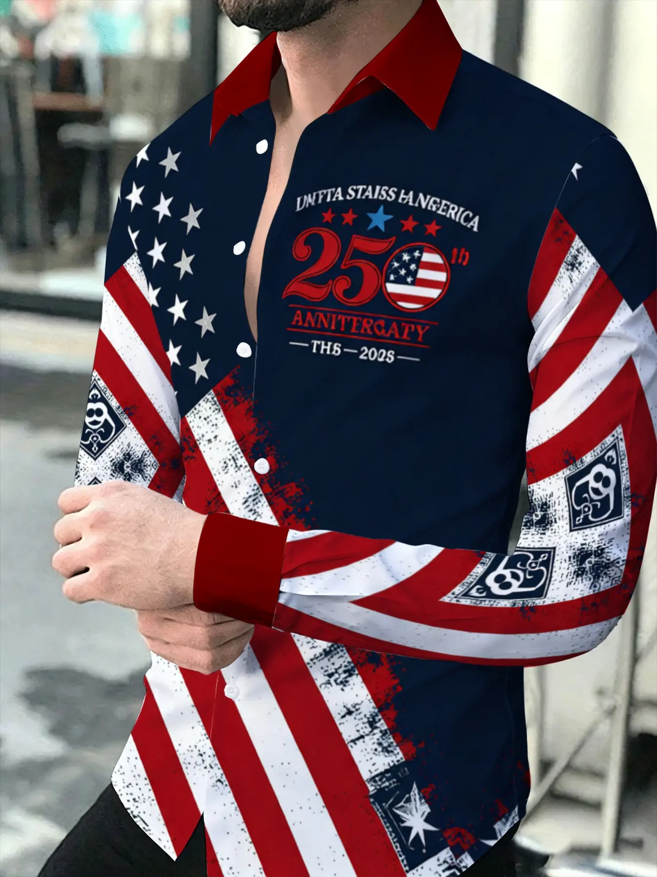 Men's Long Sleeve Lapel Shirt, Blue Red White Tone with Unique Flag Element Print Top, Fashion Casual Style for Daily Commute and Casual Occasions, Football Game Day Casual Outfit For Mexican FansSoccer Fan Ethnic Retro Printed Fo