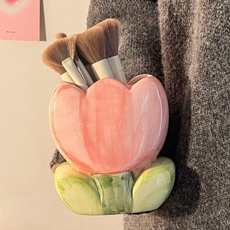 Makeup Brush Holder, Cute Floral Ceramic Pen Cup & Smooth Decorative Storage Organizer for Vanity, Study Desk, Bathroom Tabletop, Floral Print, One Size