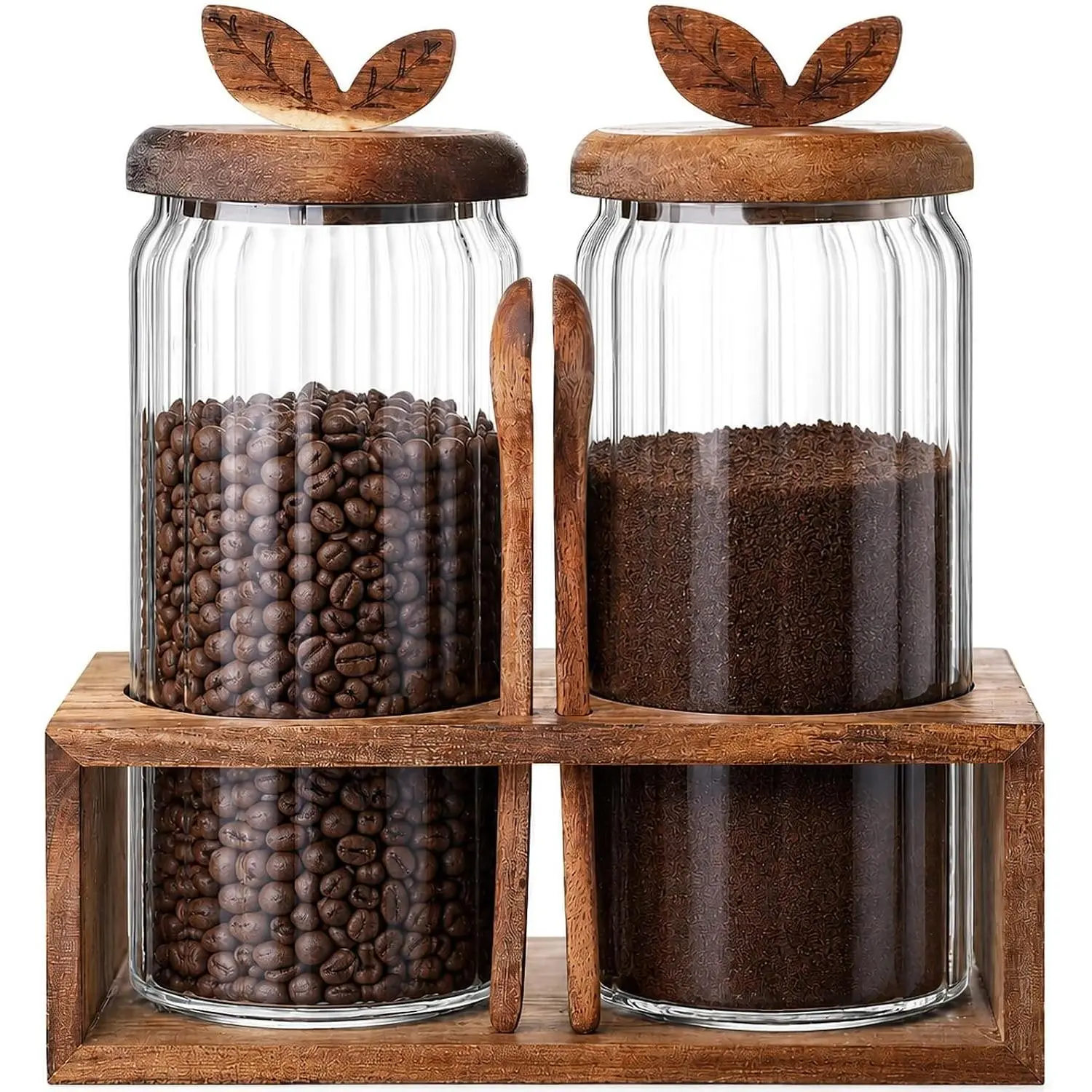 Airtight Coffee Sugar Canister Set, 2 × 34 floz Acacia Coffee Grounds Container with Wooden Lid & Spoon & Base, Espresso Bean Storage, Food Storage Jar for Tea, Sugar