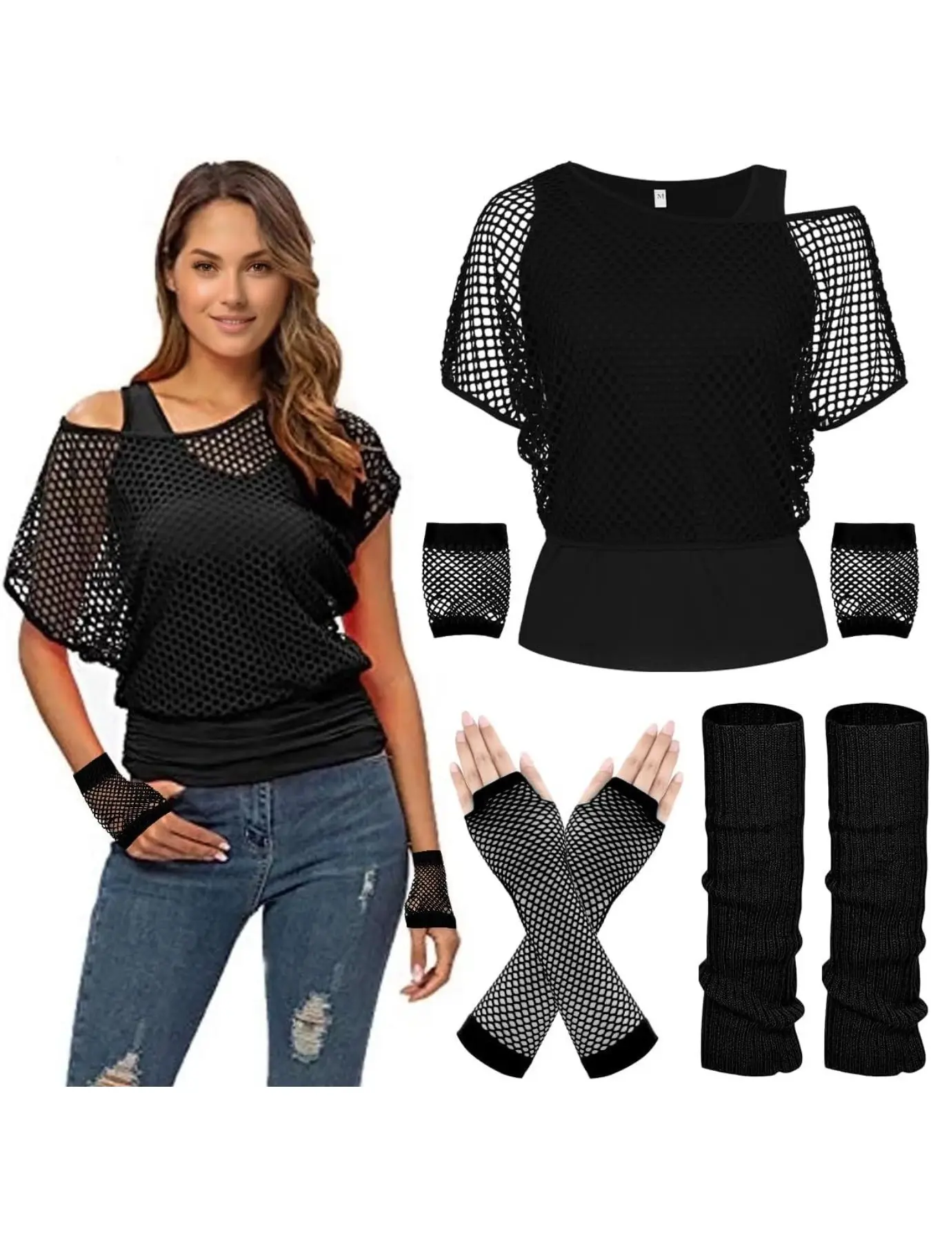 80s Retro Carnival Outfit Set Fishnet Top Tank Top Gloves Foot Warmers for Dance Party Cosplay Festival Costumes