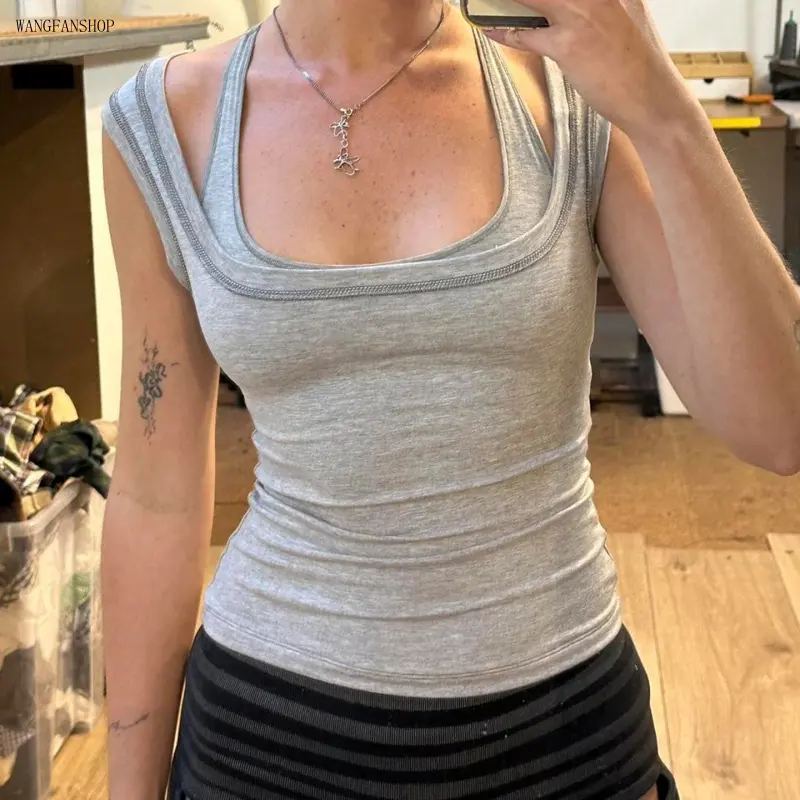 Viral Y2K Coquette Contrast Stitch Crop Cami, Women Mock Two-Piece Halter Neck Sleeveless Slim Knit Tank, High Stretch Skinny Fit Dual Street Gym Top, Streetwear Wardrobe Staple for Daily Loungewear Workout Campus Date Office Layering Casual Outfits