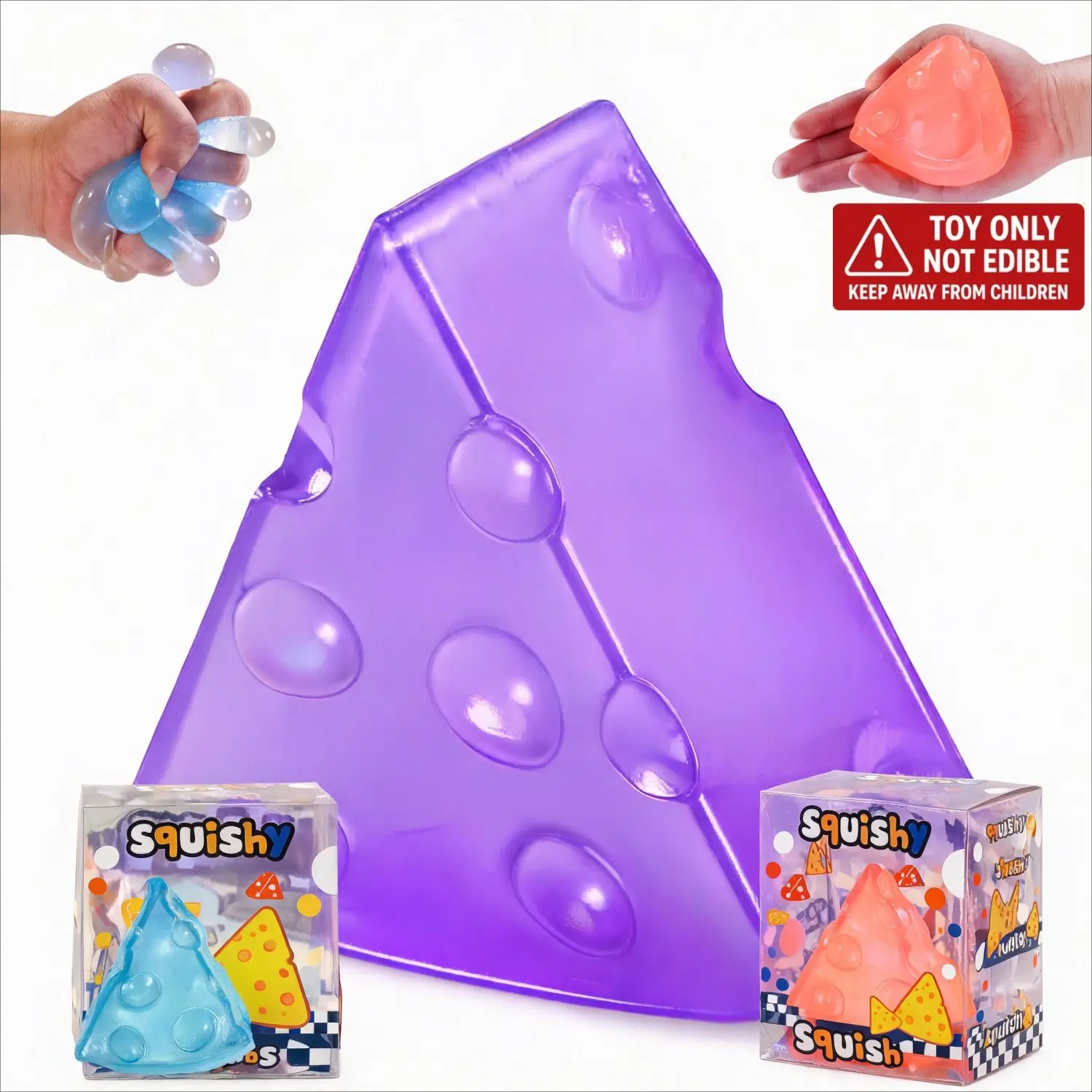 1/3-Pack Boxed Triangle Cheese Squishy, Vaseline-filled soft mouldable non-rebound fingertip squeeze toy, Stress relief fidgets, available in pink, purple, relieves anxiety, desktop decor, ideal filler for birthday and holiday party gift bags