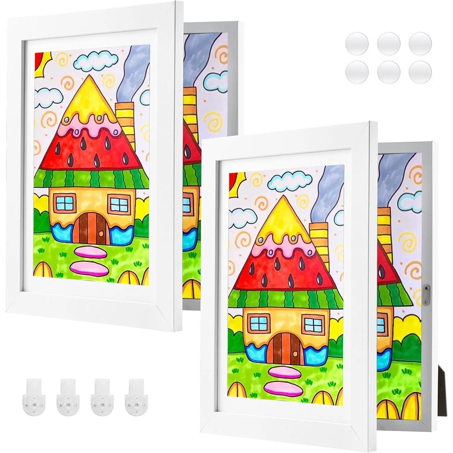 2 Pack White Kids Art Frame, 8.3x11.7 A4 Front Opening Wood Kid 3D Artwork Frames Changeable, Wall-mounted or Standing Children Art Frame with Mat, Holds 100 Pcs, Drawing Display Frames