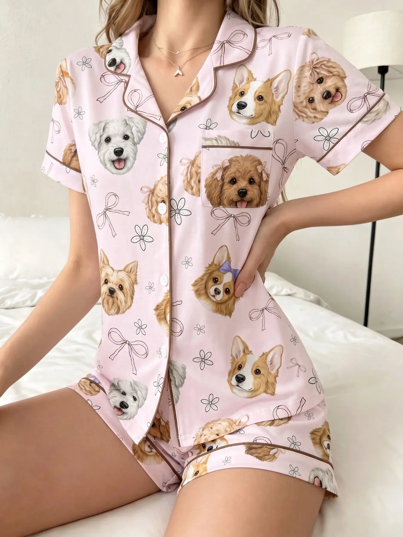 Women's Pajama Set, Loungewear, Cute Dog Pattern, Comfortable Nightwear, Soft Fabric, Casual Loose-Fitting, Short Sleeve, Above Knee, Daily Wear