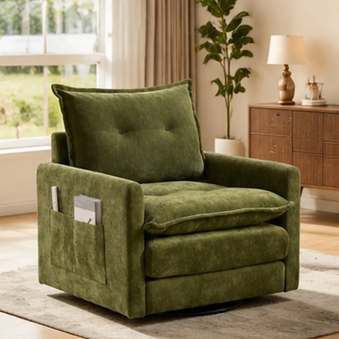 ARCH Swivel Barrel Chair Mid Century Modern Armchair with Chenille Upholstery, Thick Padded Seat, Memory Foam, Solid Metal Base, Side Pockets, Accent Chair for Living Room Bedroom Office, Multiple Colors, Beige/Brown/Gray/Mustard yellow Color Options