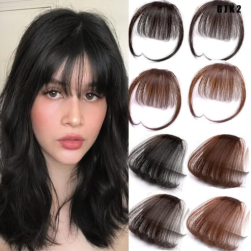 Upgraded Fully Hand-Tied Cap Clip In Air Bangs Human Hair Pieces, French Fringe with Side Temples, Invisible Front Fake Bangs, Natural Seamless Hair Topper, Easy Install Hair Extensions for Daily Party Hairstyle