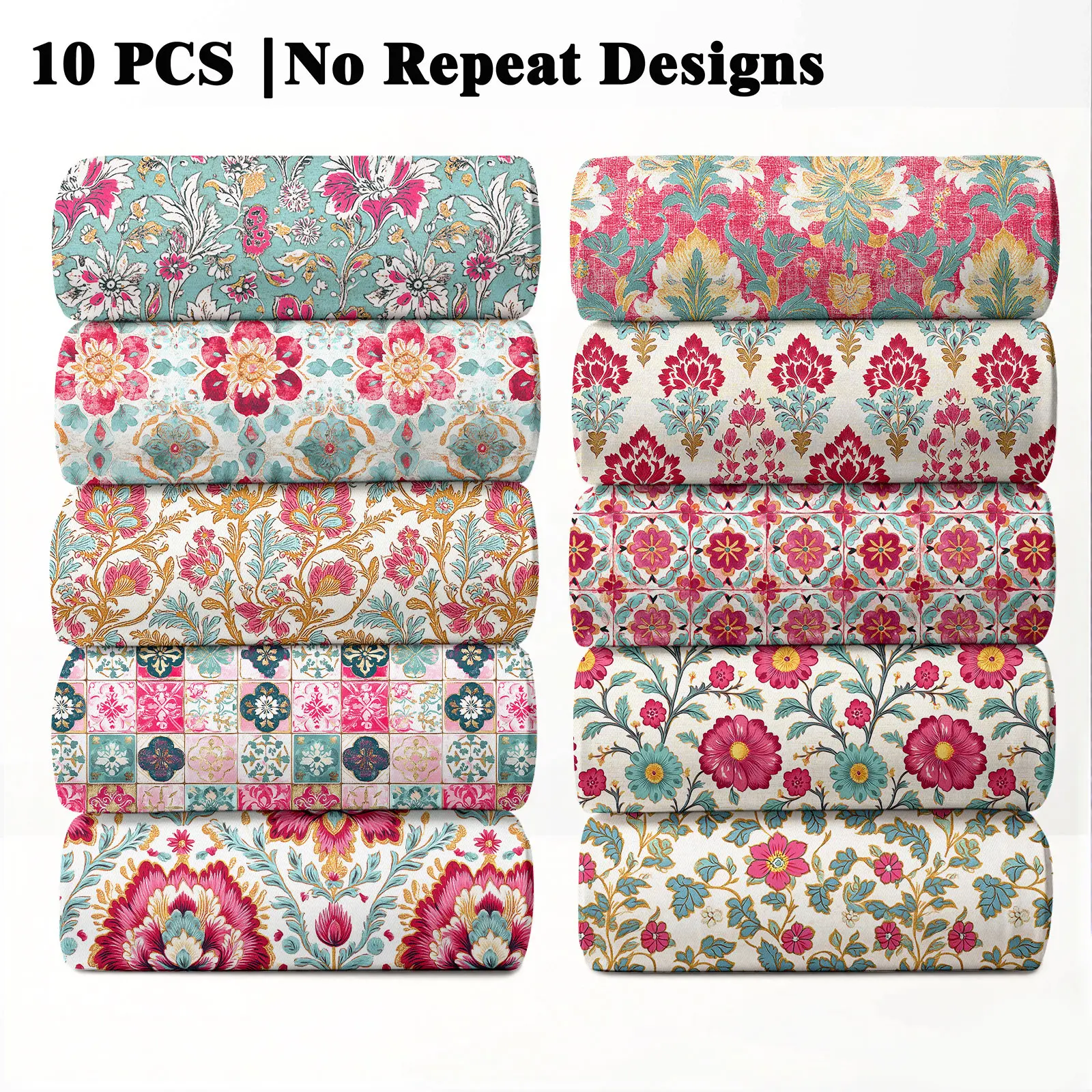 10PCS Sari Bloom Floral Print Decorative Fabric, 23x55cm (9x22in) Traditional Indian Floral Pattern Quilting Home Decor DIY